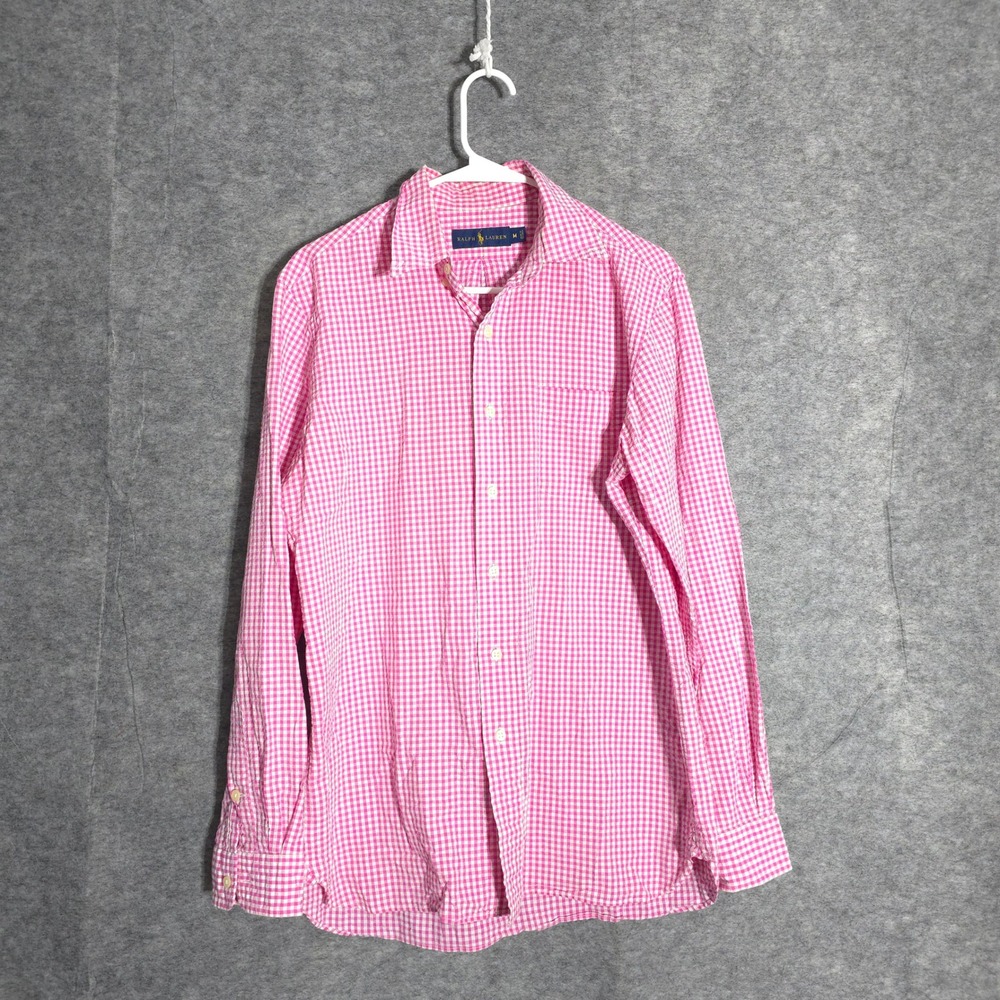 Ralph Lauren Seersucker Shirt Mens M Pink Gingham Button Down Long Sleeve Cotton